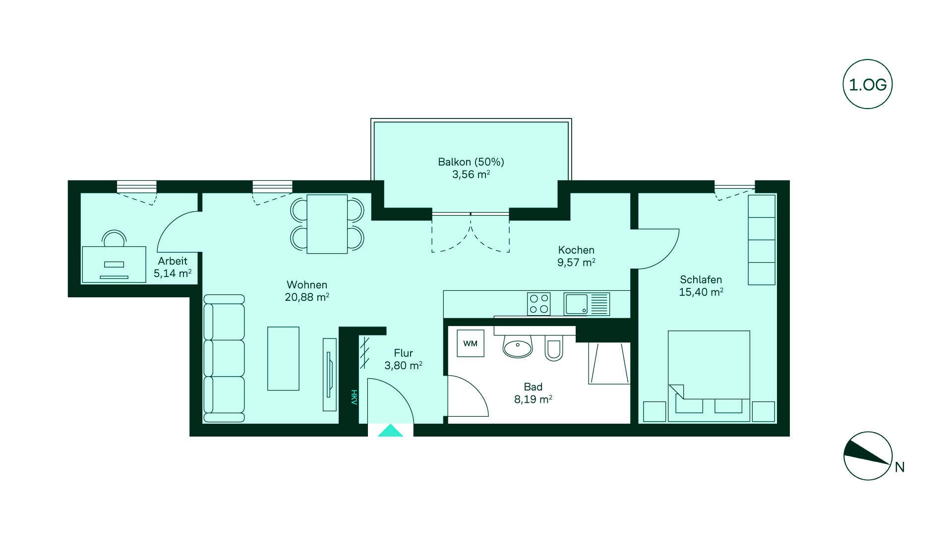 Gemütliche Wohnung mit Flur, offener Küche, Wohnbereich, Schlafzimmer, Bad und Balkon. Ideal!