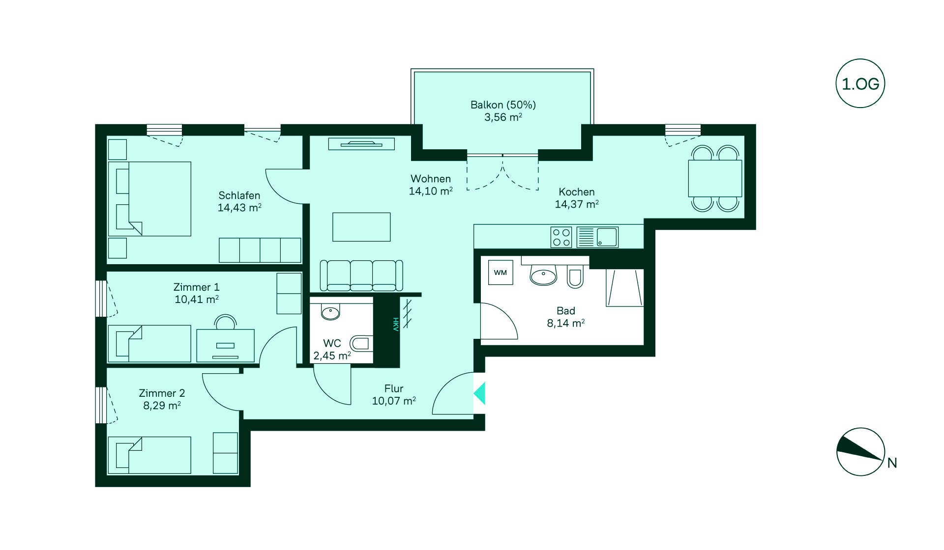 Entdecken Sie Ihr neues Zuhause: Flur führt zur modernen Küche, gemütlichem Wohnzimmer, drei Schlafzimmern, Bad, WC und Balkon. Ideal für Familien!
