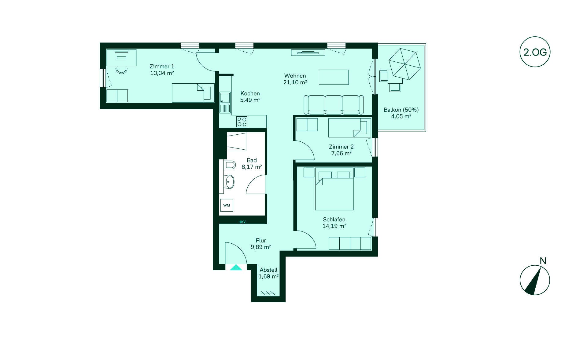 Grundriss einer Wohnung: Flur, Küche, Wohnzimmer, 3 Zimmer, Bad, Balkon. Ideal für Familien!