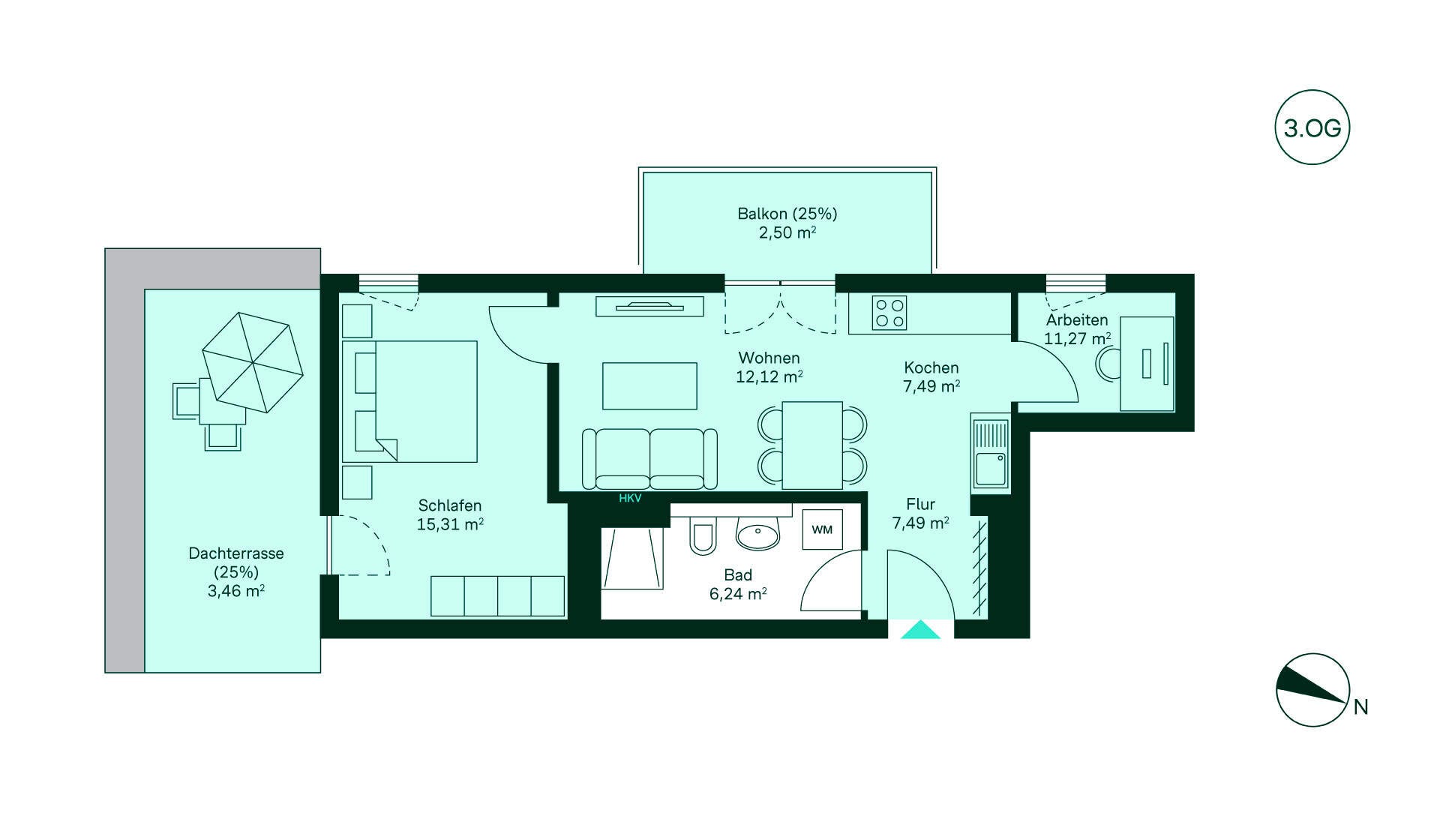 Charmante Wohnung im 3. OG: Flur, offene Küche, gemütliches Wohnzimmer, Schlafzimmer, Bad, Balkon, Dachterrasse. Ideal zum Entspannen!