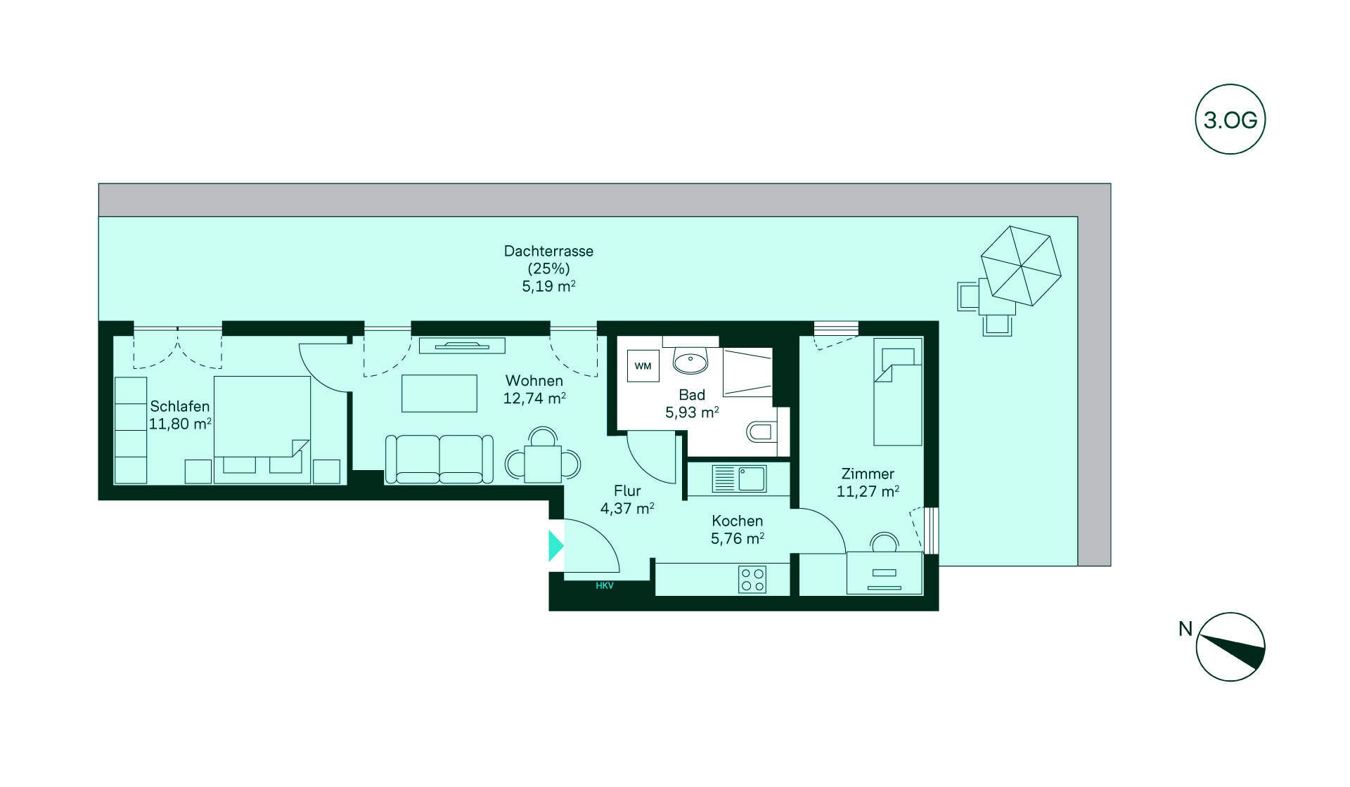 Gemütliche Wohnung mit Flur, Küche, Wohnzimmer, zwei Schlafzimmern, Bad und großer Dachterrasse.