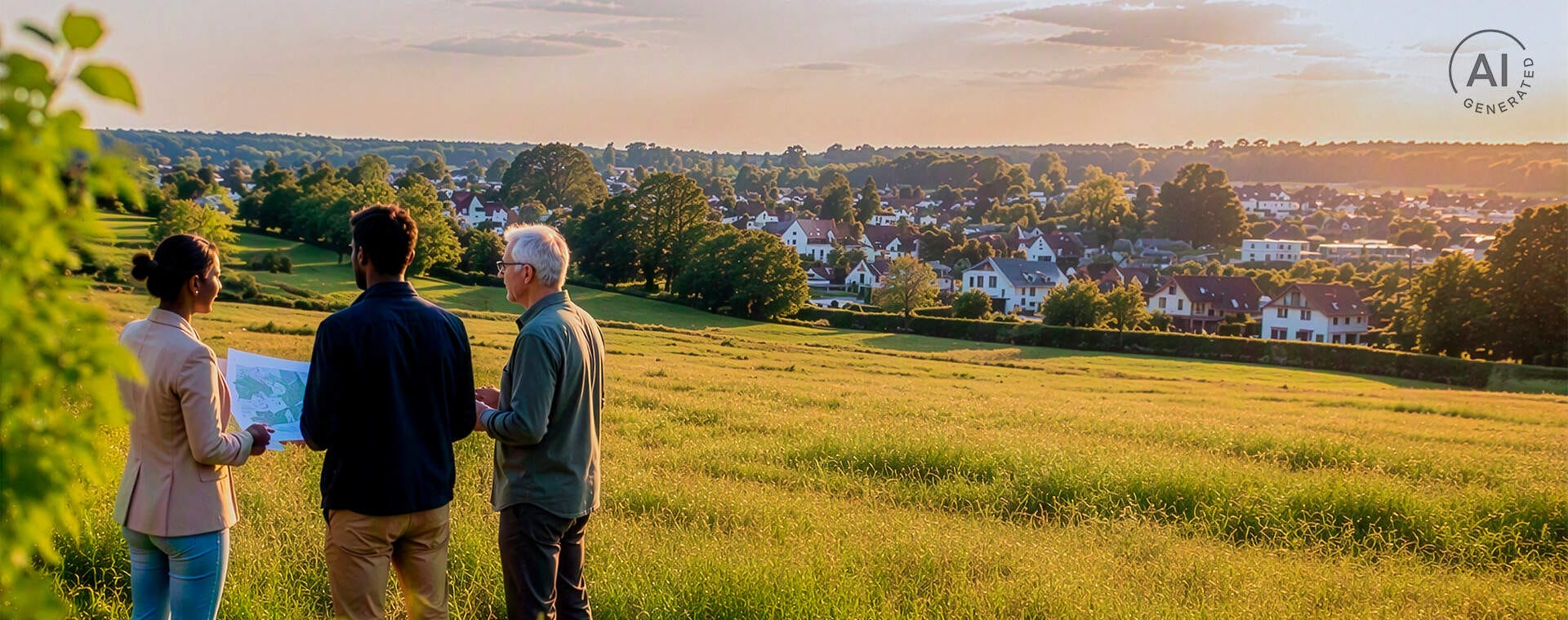 Drei Personen betrachten einen Plan vor einer malerischen Landschaft mit Häusern im Sonnenuntergang.