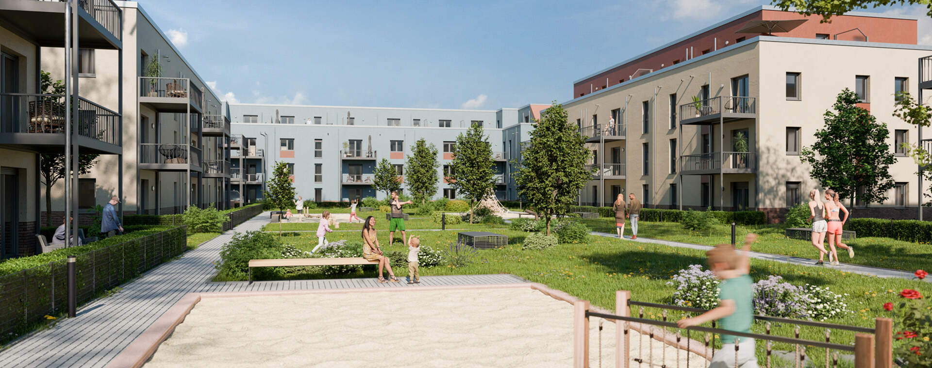 Moderne Wohnanlage mit grüner Gartenanlage, Balkonen und entspannten Menschen in sonniger Umgebung.