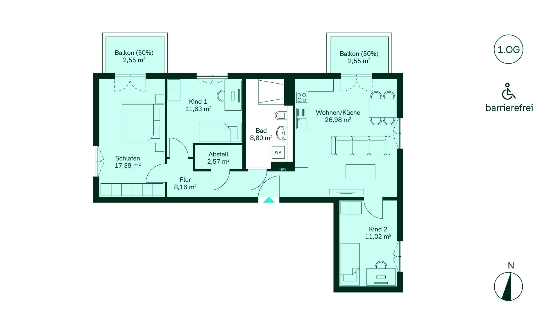 Grundriss Eigentumswohnung 033 Entdecken Sie unser barrierefreies Zuhause: Flur, Wohnküche, 2 Schlafzimmer, Bad und 2 Balkone.