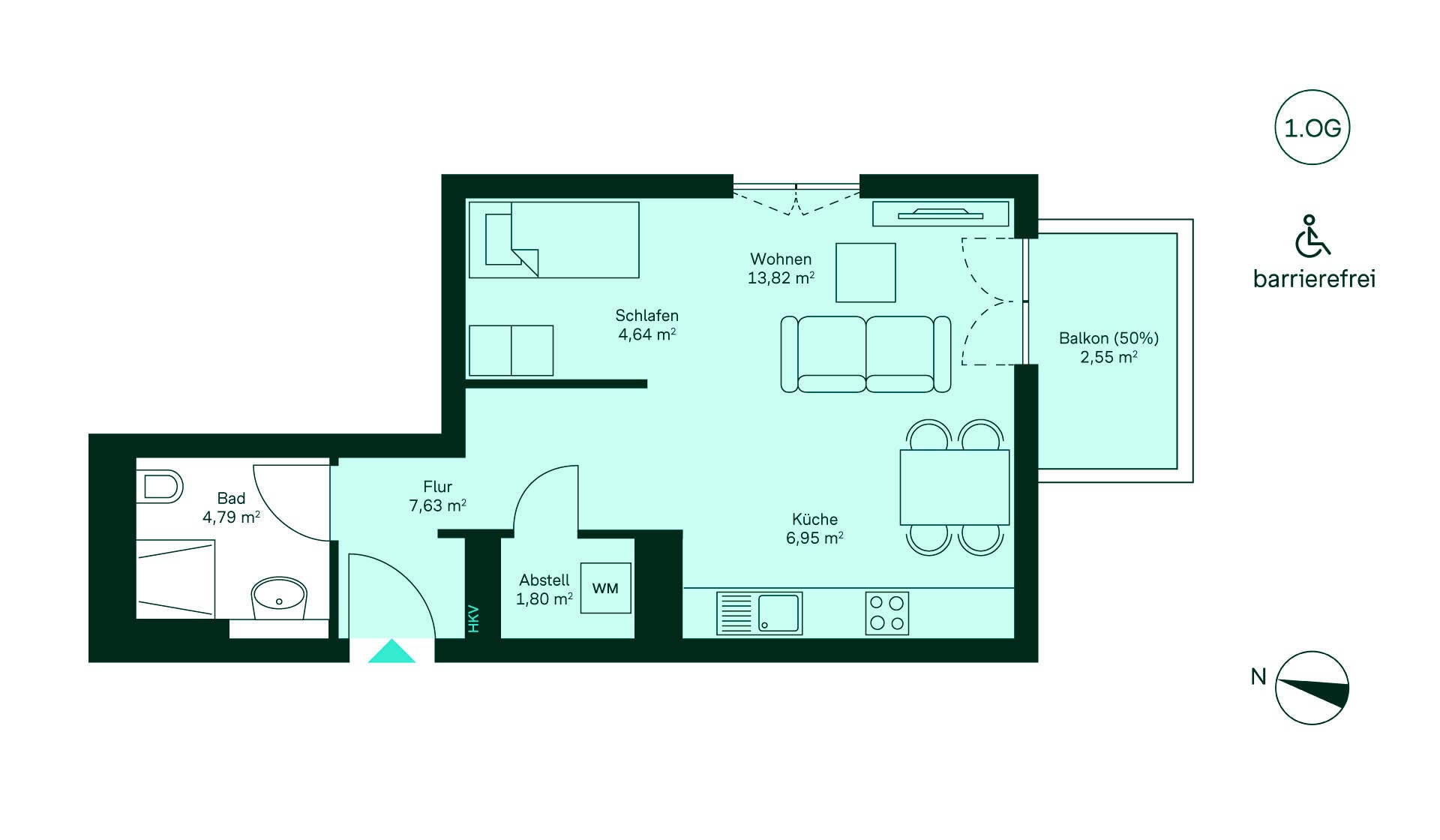 Grundriss Eigentumswohnung 034 Gartenstadt Karlshorst Entdecken Sie diese barrierefreie Wohnung: Flur, Küche, Wohnzimmer, Schlafzimmer, Bad, Balkon. Ideal für komfortables Wohnen!