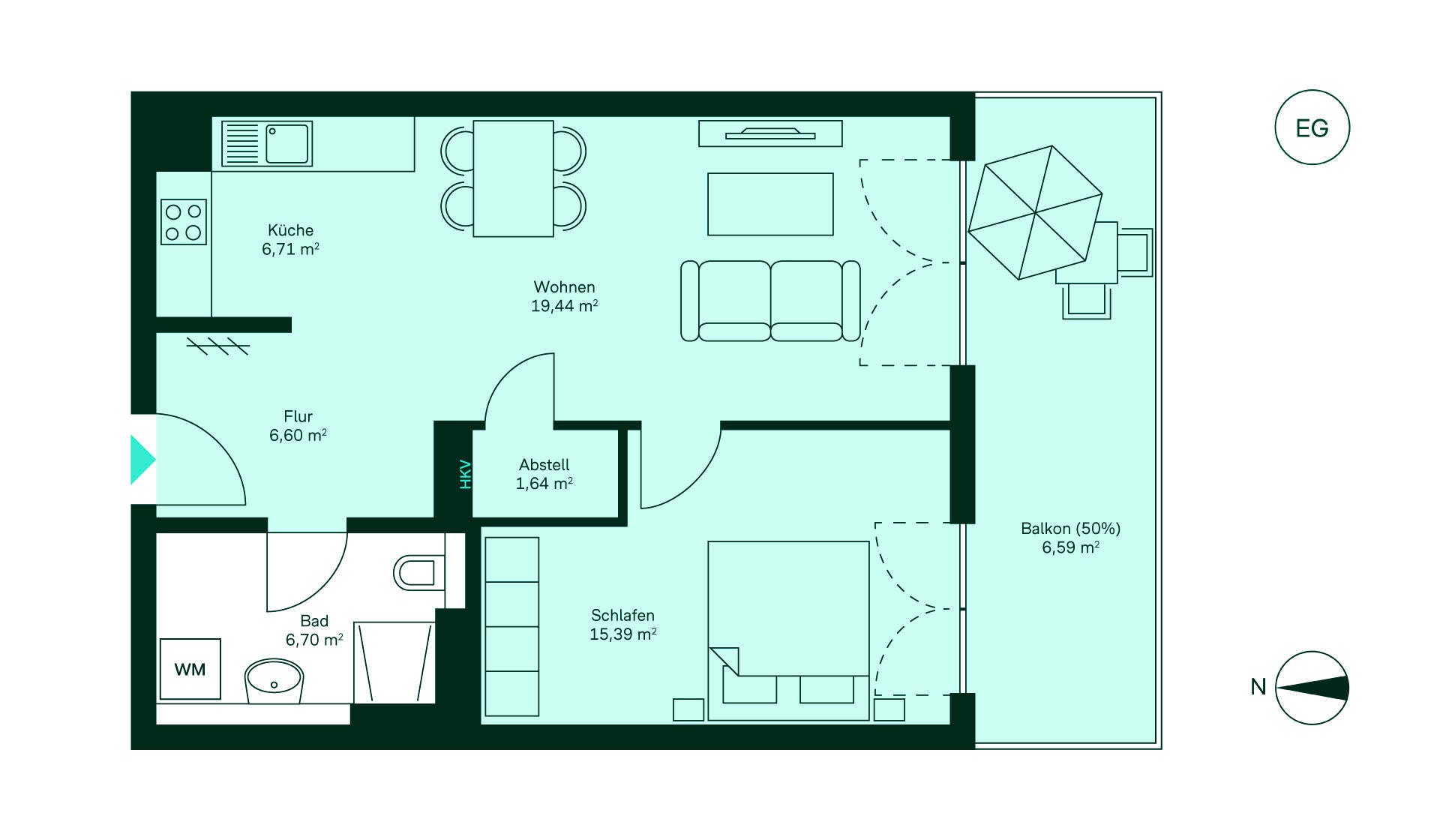 Gemütliche Wohnung mit Flur, offener Küche, Wohnbereich, Schlafzimmer, Bad und Balkon. Perfekt!