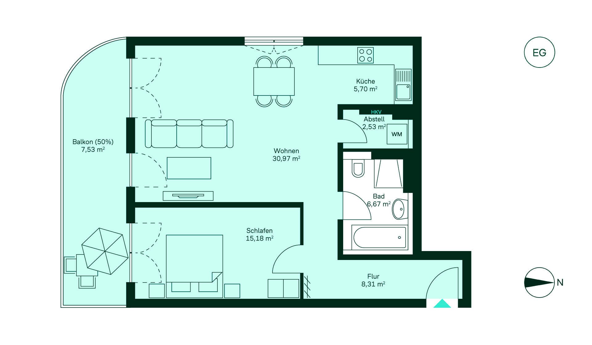 Grundriss 3-Zimmer Wohnung Charmante Erdgeschosswohnung mit geräumigem Flur, moderner Küche, großzügigem Wohnbereich und gemütlichem Schlafzimmer. Das stilvolle Bad und der Balkon laden zum Entspannen ein. Ideal für Ihr neues Zuhause!