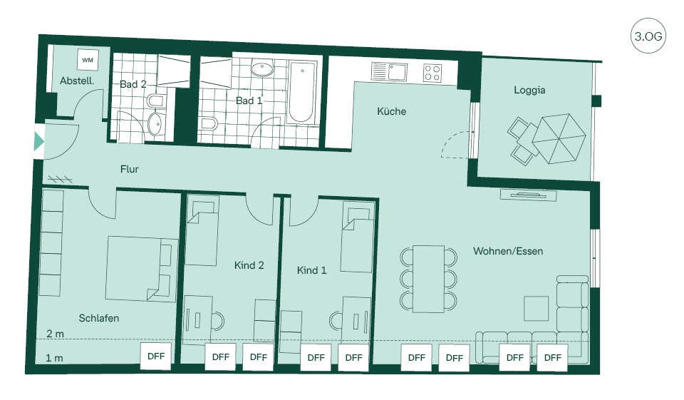Grundriss des 3. Obergeschosses der Eigentumswohnung 1.52 im Neubauprojekt Wilhemsquartier